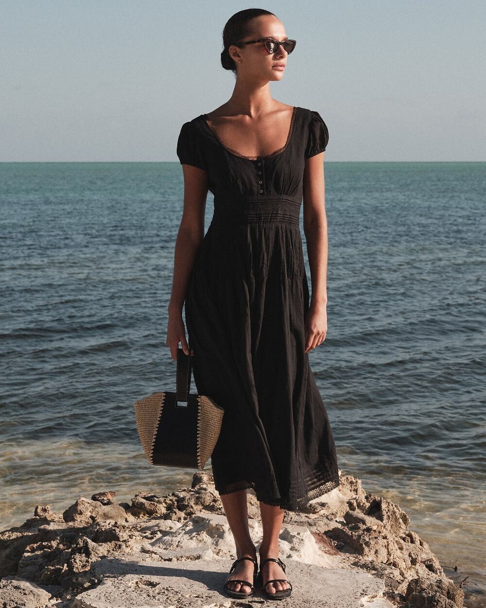 J.Crew Cottage Lined Lace Trim Pintuck Midi Dress Cotton Dobby Black Size 10 NWT